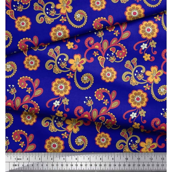 Soimoi Modal Satin Fabric Leaves & Floral Clip Art Printed Craft Fabric by the Yard 42 Inch Wide
