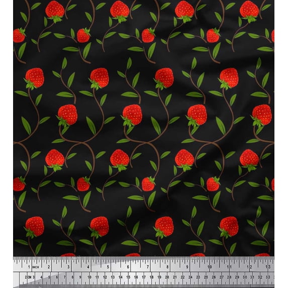 Soimoi Modal Satin Fabric Leaves & Strawberry Fruits Print Fabric by Yard 42 Inch Wide