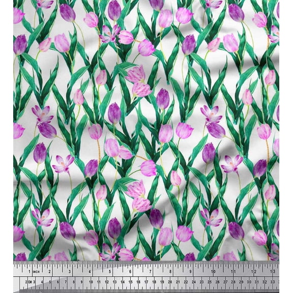 Soimoi Modal Satin Fabric Leaves & Tulip Floral Fabric Prints by Yard 42 Inch Wide