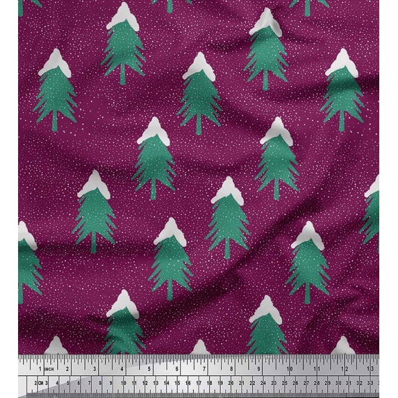 Soimoi Modal Satin Fabric Snow & Tree Christmas Printed Fabric 1 Yard 42 Inch Wide