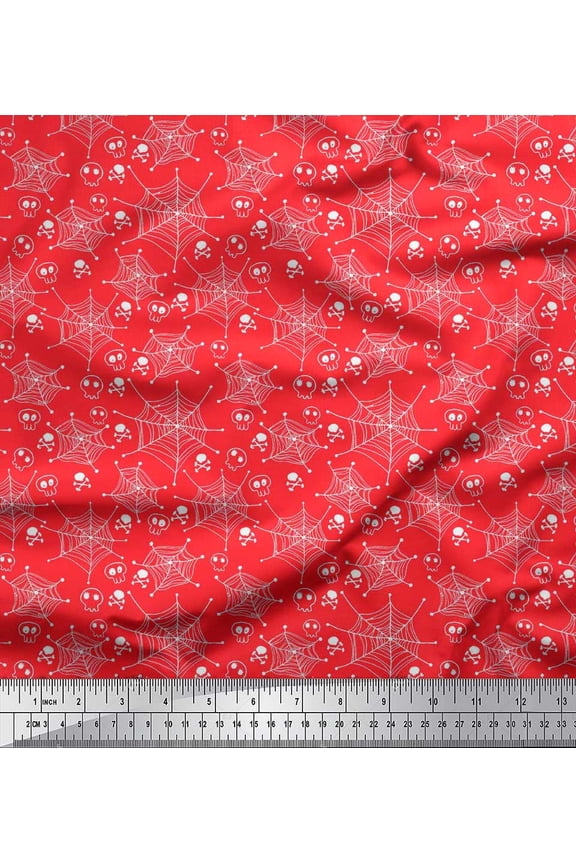 Modal Satin Fabric Spider Web,Crossbone & Skull Halloween Print Fabric by Yard 42 Inch Wide