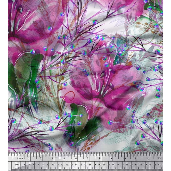 Soimoi Moss Georgette Fabric Berries & Lily Flower Print Fabric by The Yard 42 Inch Wide
