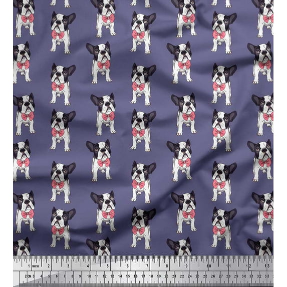 Soimoi Moss Georgette Fabric Bow & Boston Terrier Dog Printed Craft Fabric by The Yard 42 Inch Wide