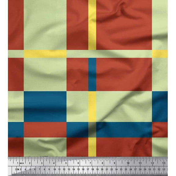 Soimoi Moss Georgette Fabric Check Color Block Print Fabric by Yard 42 Inch Wide