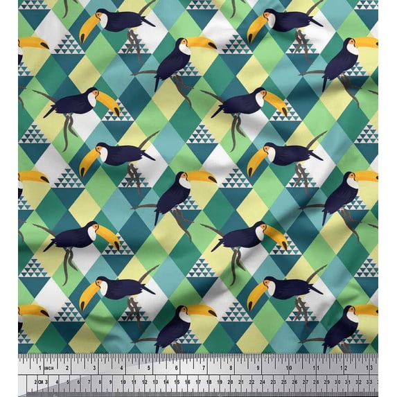 Soimoi Moss Georgette Fabric Check & Toucan Bird Printed Craft Fabric by The Yard 42 Inch Wide