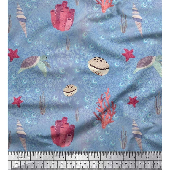 Soimoi Moss Georgette Fabric Coral,Shell & Sea Turtle Ocean Printed Fabric 1 Yard 42 Inch Wide