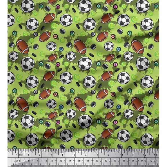 Soimoi Moss Georgette Fabric Cricket Ball,Rugby & Football Sports Print Fabric by Yard 42 Inch Wide