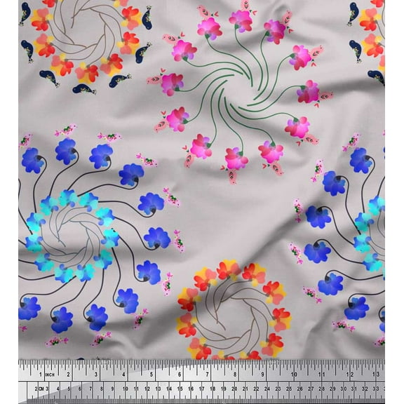 Soimoi Moss Georgette Fabric Floral & Birds Clip Art Printed Craft Fabric by the Yard 42 Inch Wide