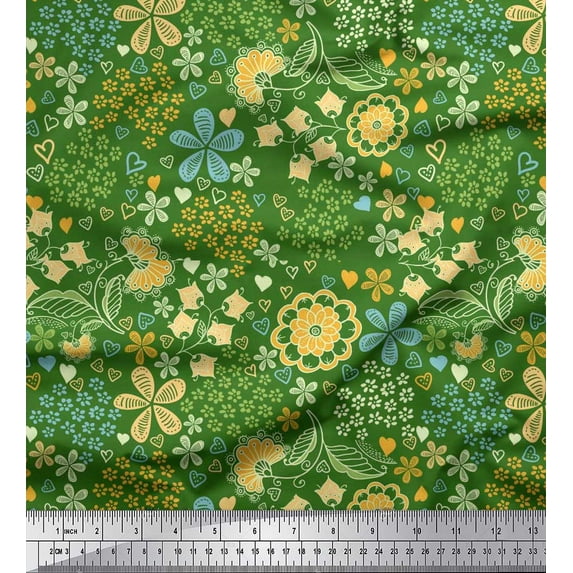 Soimoi Moss Georgette Fabric Heart & Floral Artistic Print Fabric by Yard 42 Inch Wide