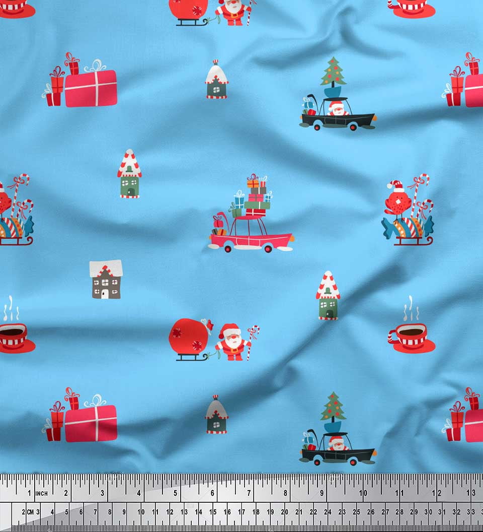 Soimoi Moss Georgette Fabric House,Gift Box & Santa Christmas Fabric Prints By Yard 42 Inch Wide
