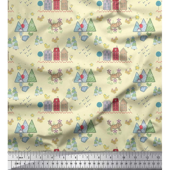 Soimoi Moss Georgette Fabric House,Tree & Dog Clip Art Print Fabric by Yard 42 Inch Wide