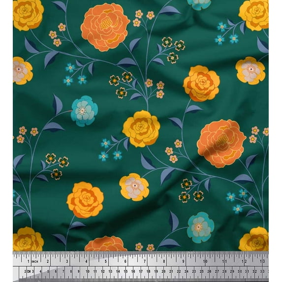 Soimoi Moss Georgette Fabric Leaves & Camellias Floral Printed Fabric 1 Yard 42 Inch Wide