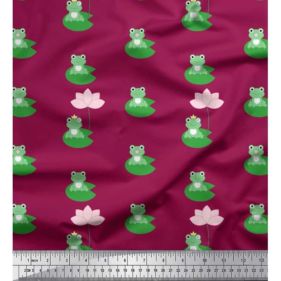 Soimoi Moss Georgette Fabric Lotus & Frog Kids Printed Fabric 1 Yard 42 Inch Wide