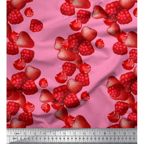 Soimoi Moss Georgette Fabric Raspberry,Strawberry & Cherry Fruits Printed Craft Fabric by The Yard 42 Inch Wide
