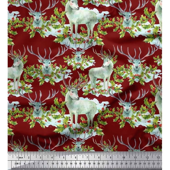 Soimoi Moss Georgette Fabric Red Berries,Holly Leaves & Reindeer Animal Print Sewing Fabric Yard 42 Inch Wide
