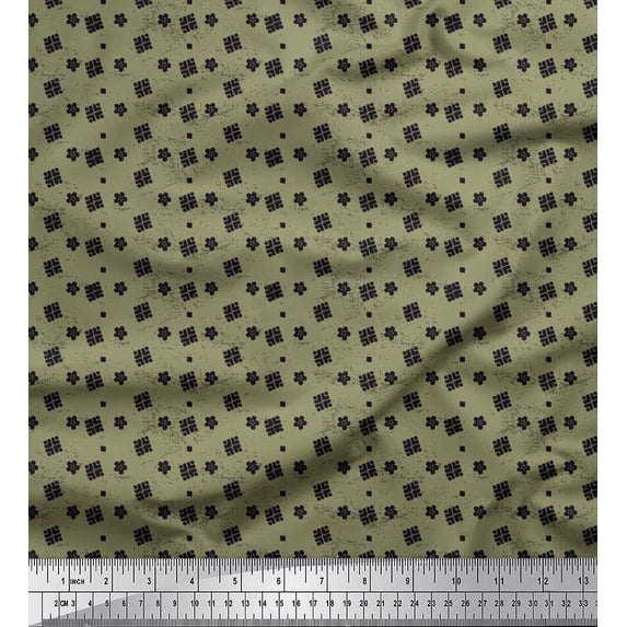 Soimoi Moss Georgette Fabric Square & Floral Block Print Fabric by Yard 42 Inch Wide