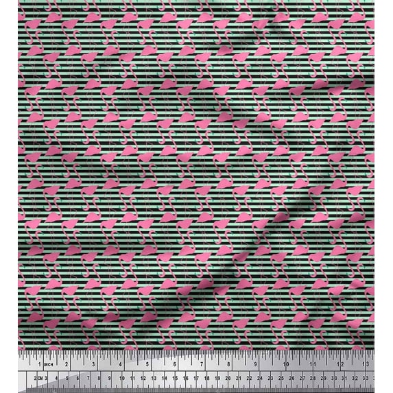 Soimoi Moss Georgette Fabric Stripe & Flamingo Bird Printed Craft Fabric by The Yard 42 Inch Wide