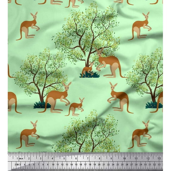 Soimoi Moss Georgette Fabric Tree & Kangaroo Animal Print Fabric by The Yard 42 Inch Wide