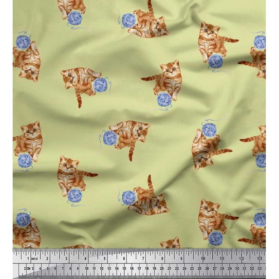 Soimoi Moss Georgette Fabric Wool & Cat Animal Decor Fabric Printed Yard 42 Inch Wide
