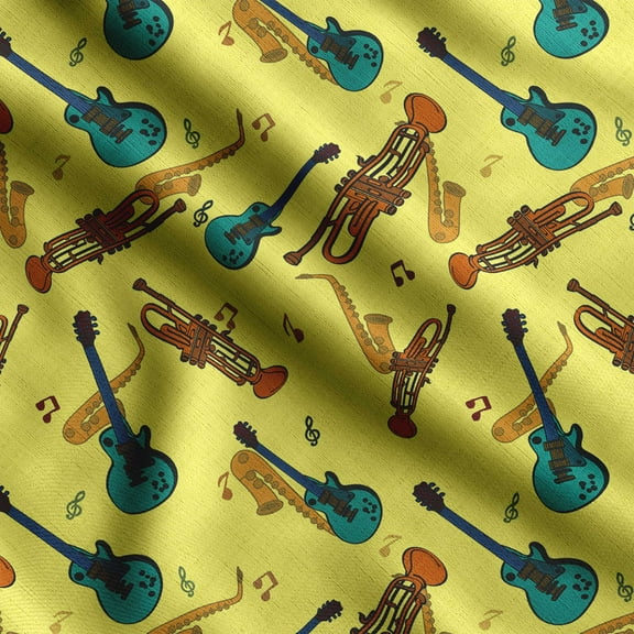 Soimoi Musical Instruments Print,Cotton Cambric, Quilting Fabric Sold by The Yard 42 Inch Wide, Medium Weight Cotton Fabric, SewingSupplies,Yellow & Teal Green