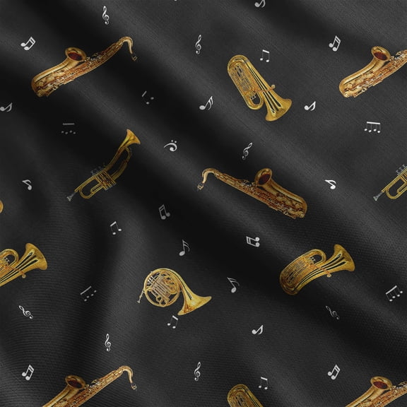 Soimoi Musical Instruments Print, Silk Fabric, Decor Sewing Fabric by The Yard 42 Inch Wide,Decorative Fabric for Shirts Suits Ties, Black