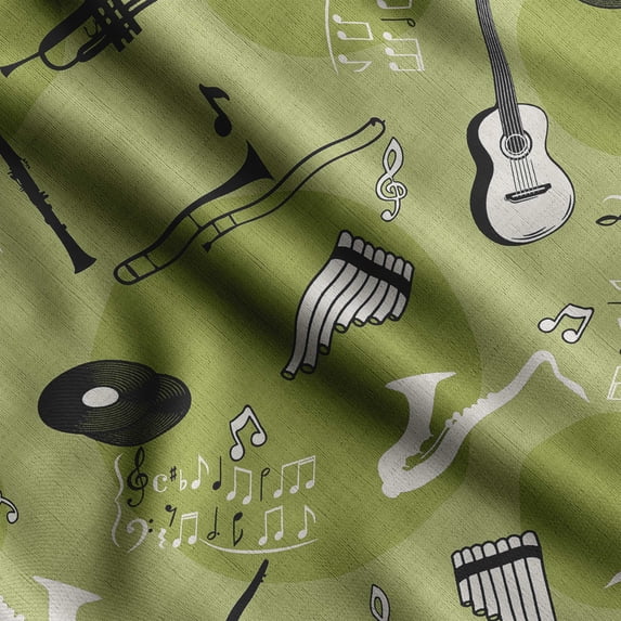 Soimoi Musical Instruments Printed, Cotton Satin Spandex, Sewing Fabric by The Yard 54 Inch Wide, Decorative Fabric for Dresses and Home Accents, Light Green