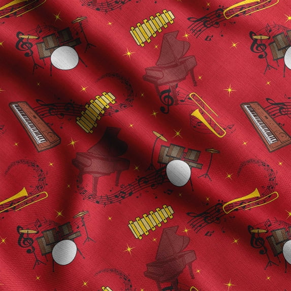 Soimoi Musical Instruments Printed, Cotton Satin Spandex, Sewing Fabric by The Yard 54 Inch Wide, Decorative Fabric for Dresses and Home Accents, Red