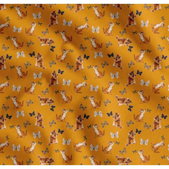 Soimoi Orange Cotton Cambric Fabric Insect & Cat Animal Printed Fabric 1 Yard 56 Inch Wide