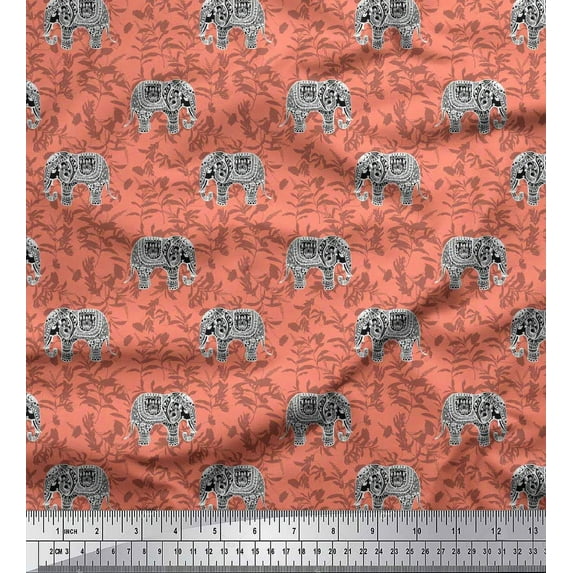 Soimoi Orange Cotton Cambric Fabric Leaves & Artistic Elephant Animal Print Fabric by the Yard 56 Inch Wide