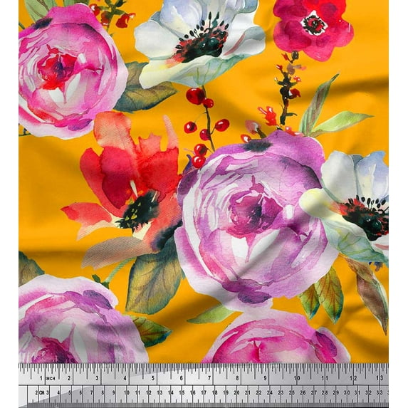 Soimoi Orange Cotton Cambric Fabric Leaves & Floral Print Fabric by The Yard 42 Inch Wide