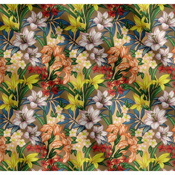 Soimoi Orange Cotton Cambric Fabric Leaves, & Lily Floral Printed Craft Fabric by the Yard 56 Inch Wide