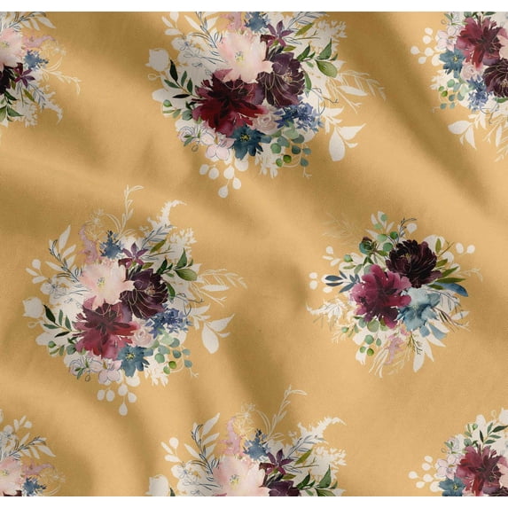Soimoi Orange Cotton Cambric Fabric Leaves & Peony Floral Print Print Fabric by the Yard 58 Inch Wide