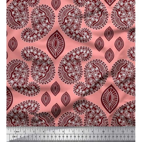 Soimoi Orange Cotton Cambric Fabric Maroon Paisley Print Fabric by the Yard 42 Inch Wide