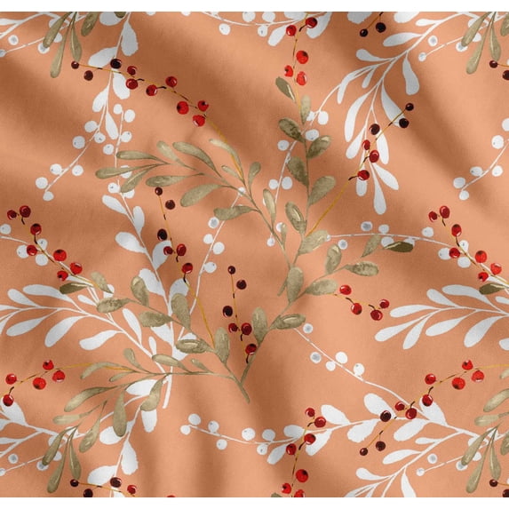Soimoi Orange Cotton Cambric Fabric Red Berries Leaves Decor Fabric Printed Yard 42 Inch Wide