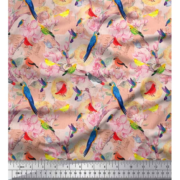 Soimoi Orange Cotton Duck Fabric Floral,Parrot & Hummingbird Bird Fabric Prints by Yard 56 Inch Wide