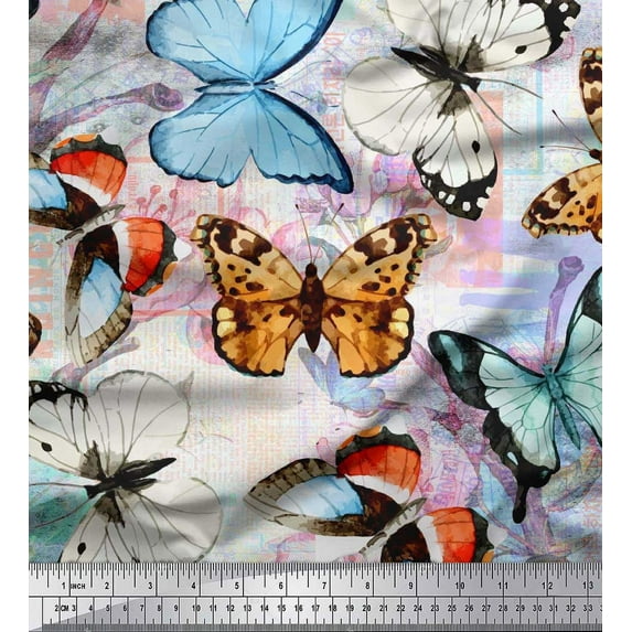 Soimoi Orange Cotton Duck Fabric Flower & Butterfly Print Fabric by The Yard 56 Inch Wide