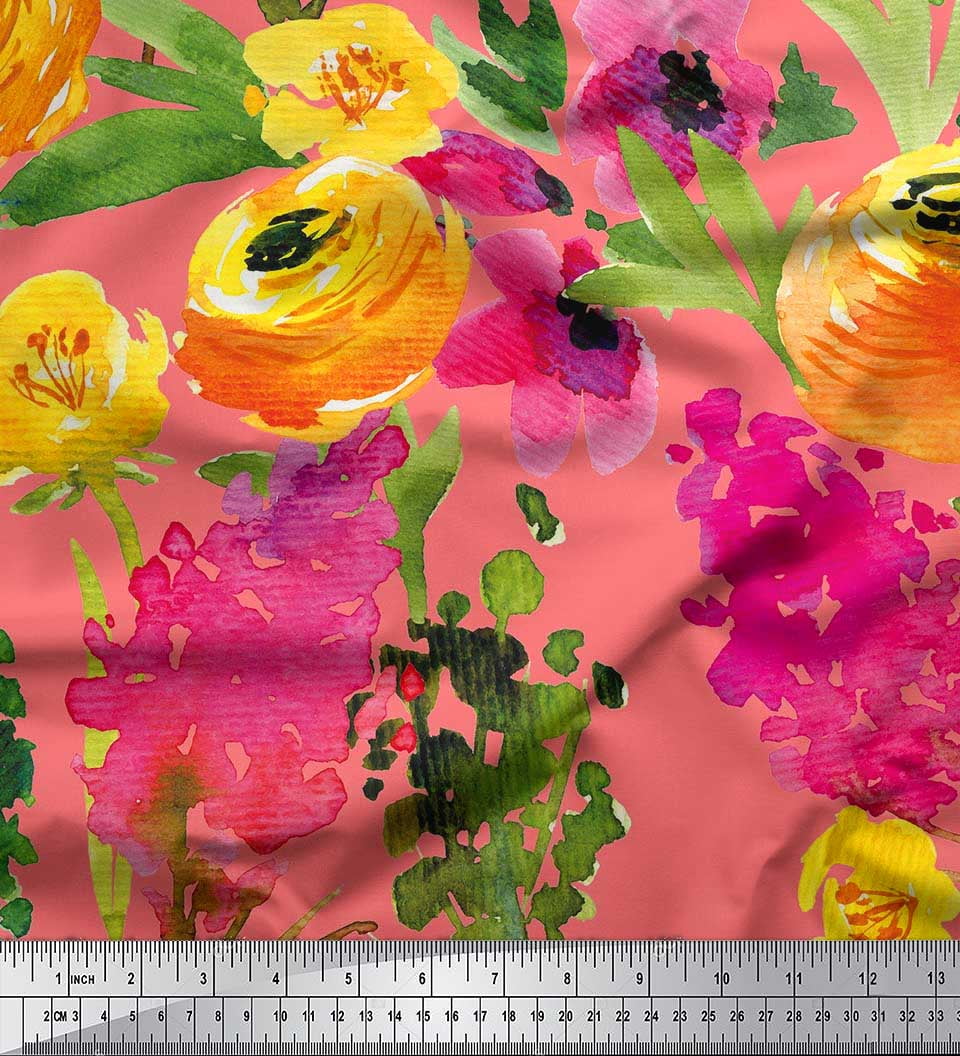 Soimoi Orange Japon Crêpe Satin En Tissu Feuilles Tropicales, Et Frangipanier Floral Tissu Imprime 1 Metre 42 Pouce Large