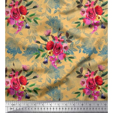 Soimoi Orange Cotton Duck Fabric Leaves & Ranunculus Floral Printed Fabric 1 Yard 42 Inch Wide