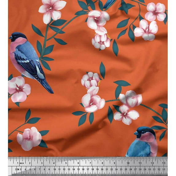 Soimoi Orange Cotton Duck Fabric Peach Floral & American Robin Bird Print Fabric by Yard 44 Inch Wide
