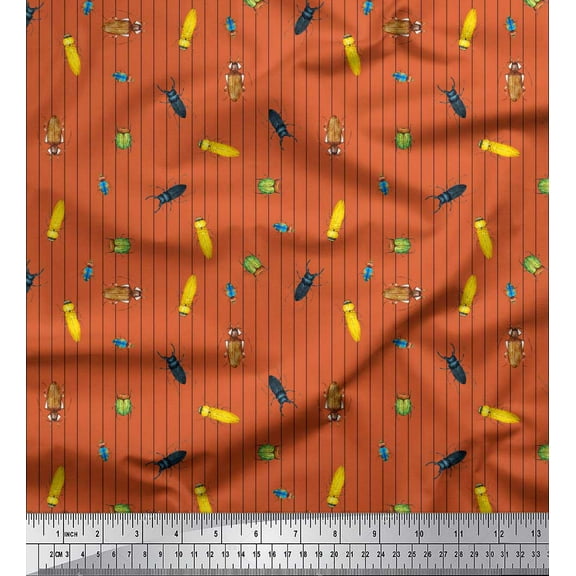 Soimoi Orange Cotton Duck Fabric Stripe & Insects Fabric Prints By Yard 42 Inch Wide