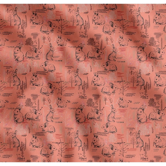 Soimoi Orange Cotton Poplin Fabric Abstract & Rabbit Animal Fabric Prints By Yard 56 Inch Wide