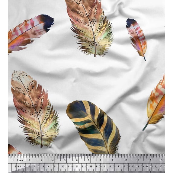 Soimoi Orange Cotton Poplin Fabric Artistic Feather Printed Craft Fabric by the Yard 42 Inch Wide