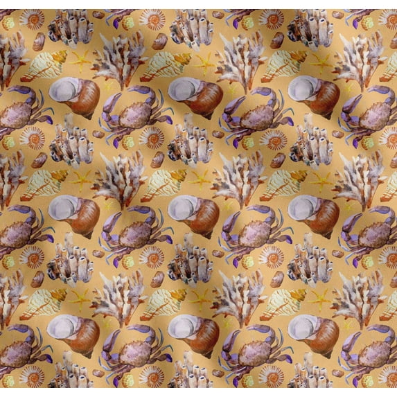 Soimoi Orange Cotton Poplin Fabric Crab,Shell & Coral Ocean Print Fabric by the Yard 42 Inch Wide