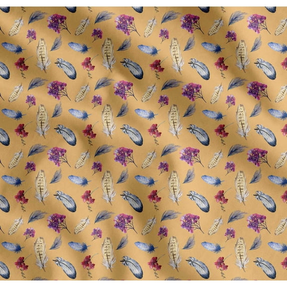 Soimoi Orange Cotton Poplin Fabric Feather & Floral Fabric Prints By Yard 56 Inch Wide