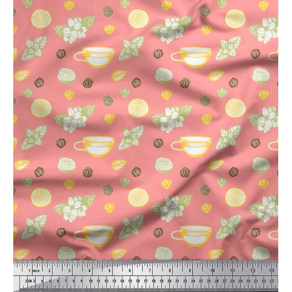 Soimoi Orange Cotton Poplin Fabric Floral,Tea Cup & Lemon Slice Vegetable Printed Craft Fabric by the Yard 56 Inch Wide