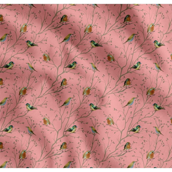 Soimoi Orange Cotton Poplin Fabric Leaves & Flowerpecker Bird Decor Fabric Printed Yard 42 Inch Wide