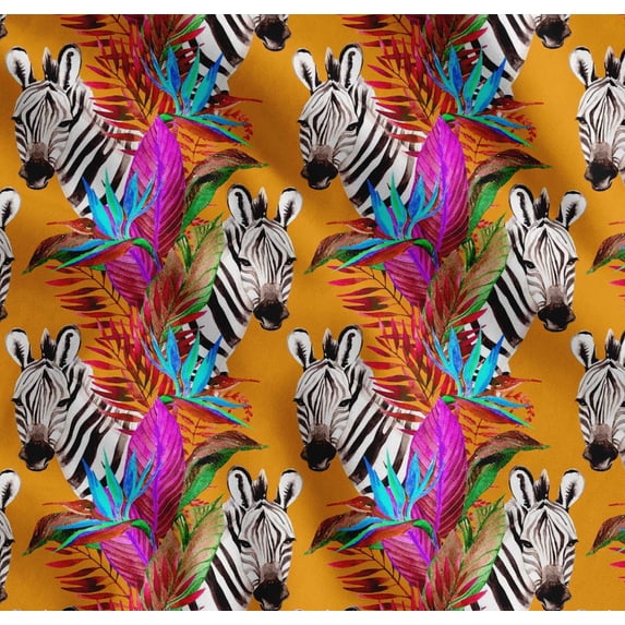 Soimoi Orange Cotton Poplin Fabric Tropical Leaves & Wild Animal Printed Fabric 1 Yard 56 Inch Wide
