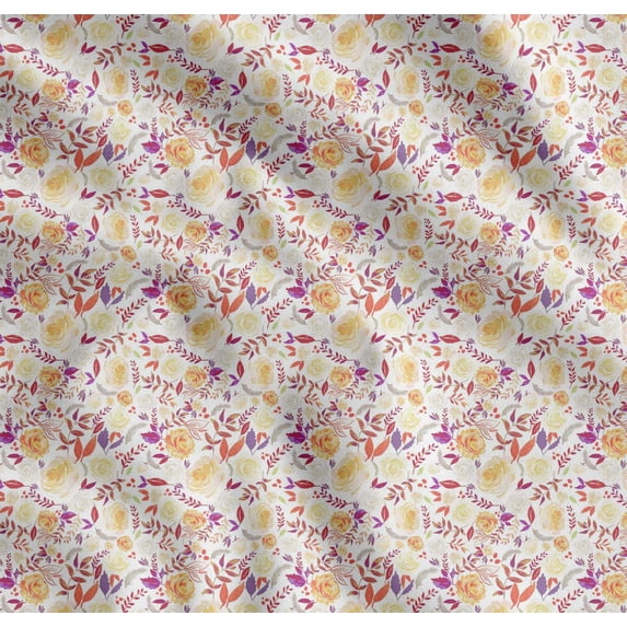 Soimoi Orange Cotton Voile Fabric Leaves & Grandiflora Roses Floral Print Fabric by Yard 58 Inch Wide