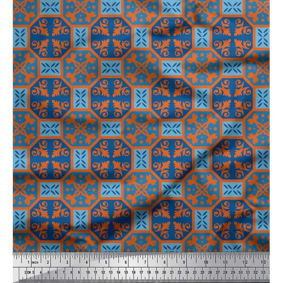 Soimoi Orange Cotton Voile Fabric Tiles Moroccan Printed Fabric 1 Yard 42 Inch Wide