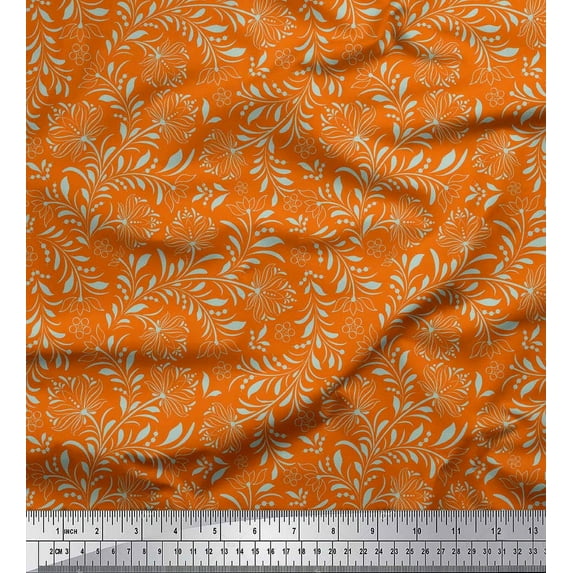 Soimoi Orange Georgette Viscose Fabric Artistic Leaf & Floral Printed Fabric 1 Yard 42 Inch Wide